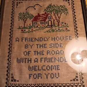 Vintage Cross-Stitch Wall Art with House Design Hand Made Craft